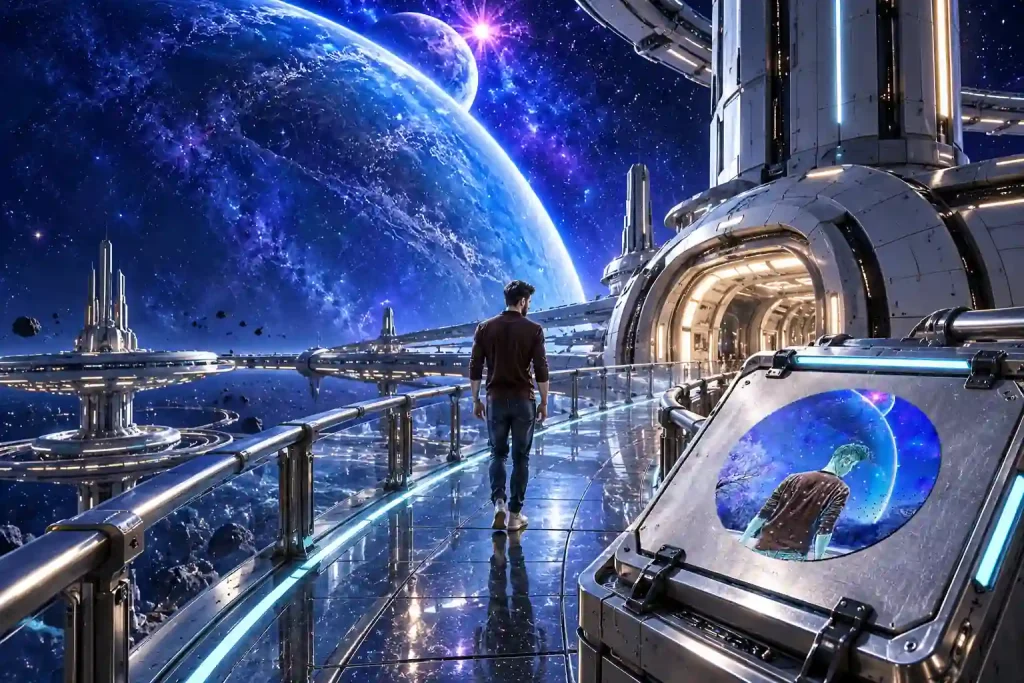 Un viaggiatore osserva un grande pianeta da una passerella; in primo piano una valigetta argentata accompagna la scena spaziale immaginaria