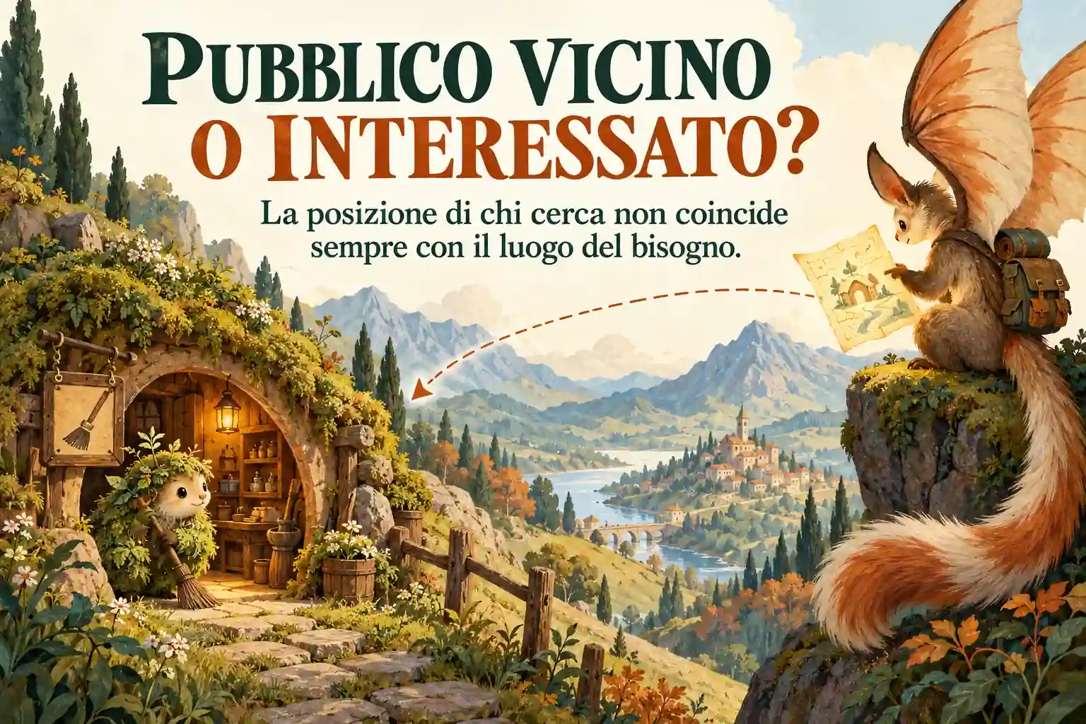 Una creatura del bosco vicino a casa e una volpe alata con una mappa rappresentano persone vicine e persone interessate a un luogo.