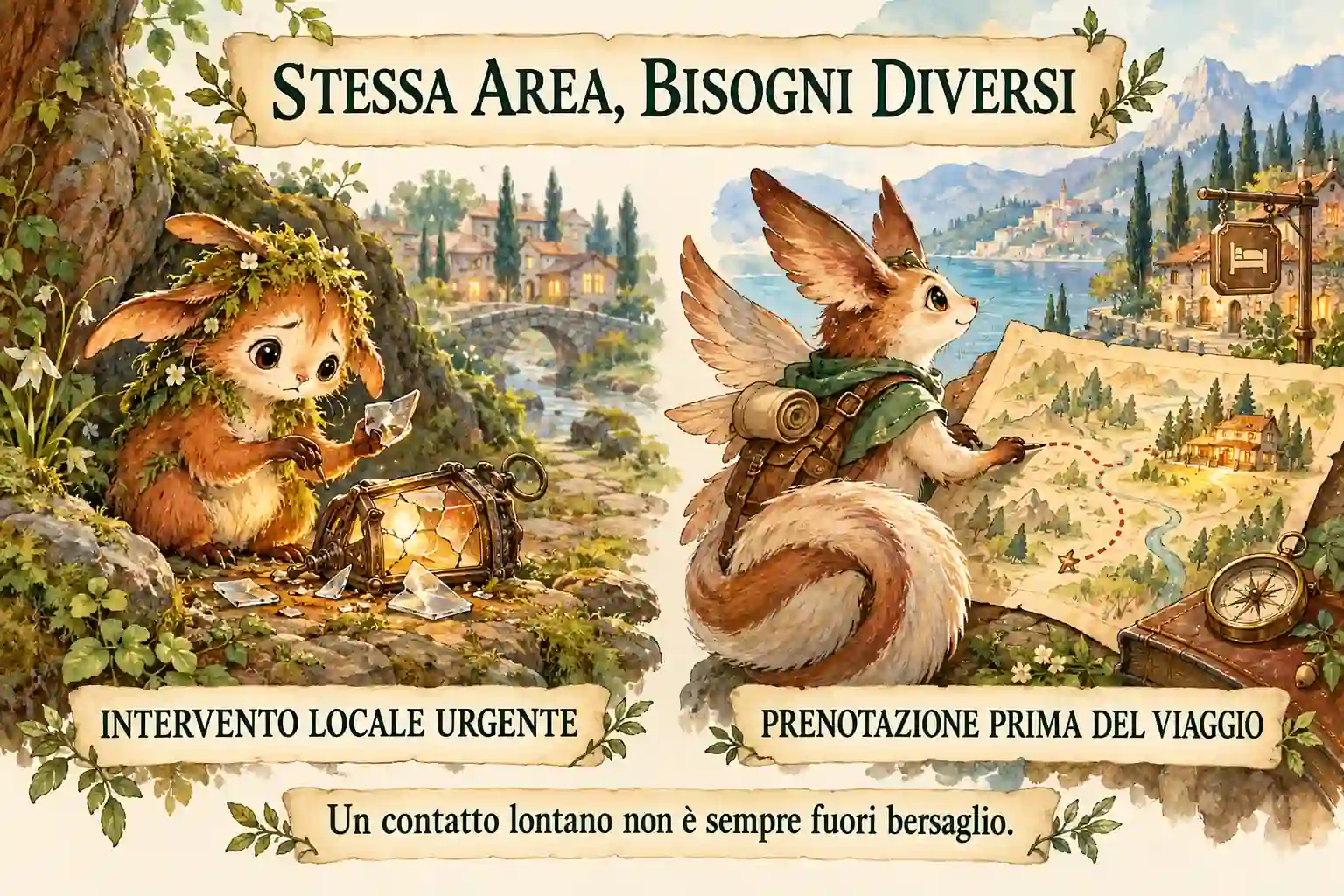 Confronto fantasy tra un intervento locale urgente e una prenotazione organizzata prima del viaggio: un contatto lontano può essere pertinente.