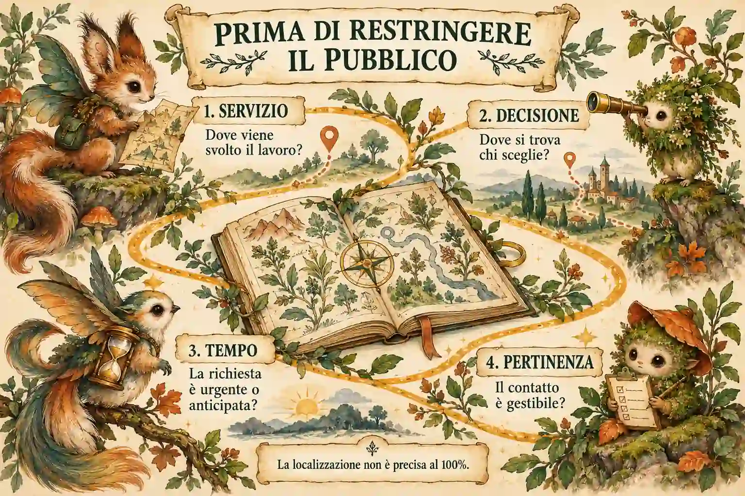 Mappa magica con quattro criteri: luogo del servizio, posizione di chi decide, tempi della richiesta e pertinenza del contatto. La localizzazione non è precisa al cento per cento.