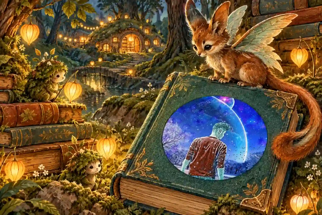 Una volpe alata riposa su un libro verde tra piccole creature di muschio e scaffali illuminati, in una biblioteca fantastica nel bosco.