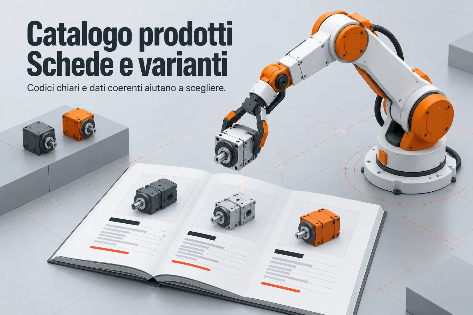 Un braccio robotico confronta tre componenti con le rispettive schede di un catalogo aperto; codici e dati coerenti guidano la scelta.
