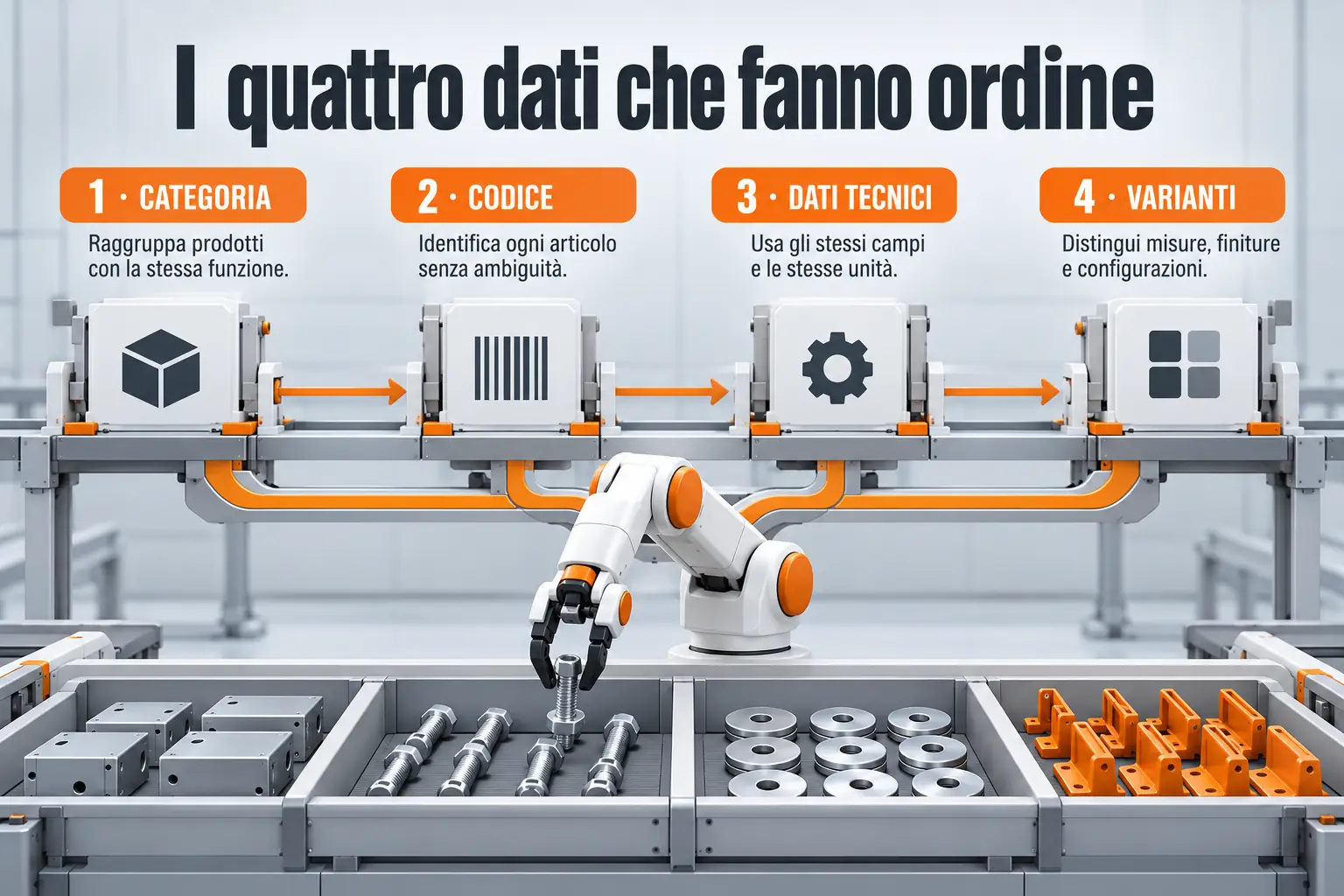 Infografica robotica: raggruppare per categoria, identificare con un codice, uniformare dati tecnici e distinguere le varianti.