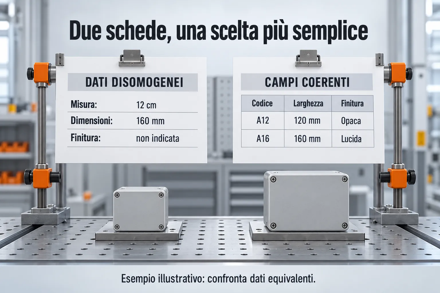 Confronto tra misure espresse in modo disomogeneo e una tabella con codici A12 e A16, larghezze in millimetri e finiture.