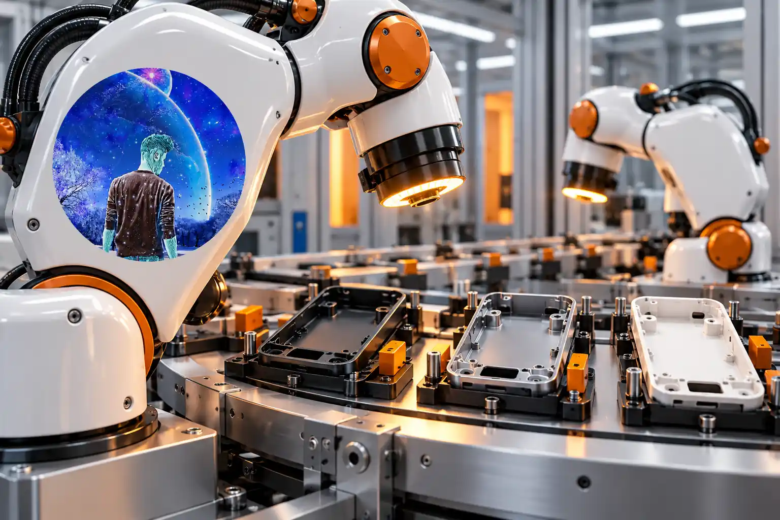 Due robot ispezionano involucri di prodotto diversi su una linea industriale; il robot in primo piano reca un’illustrazione cosmica blu.