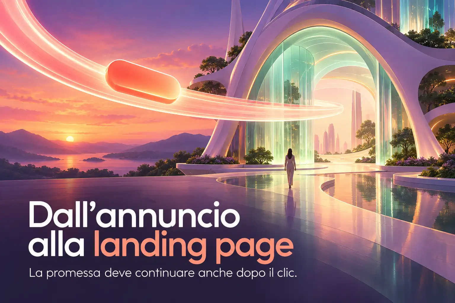 Una capsula luminosa percorre un nastro verso un portale futuristico: la promessa dell’annuncio continua nella pagina di destinazione.