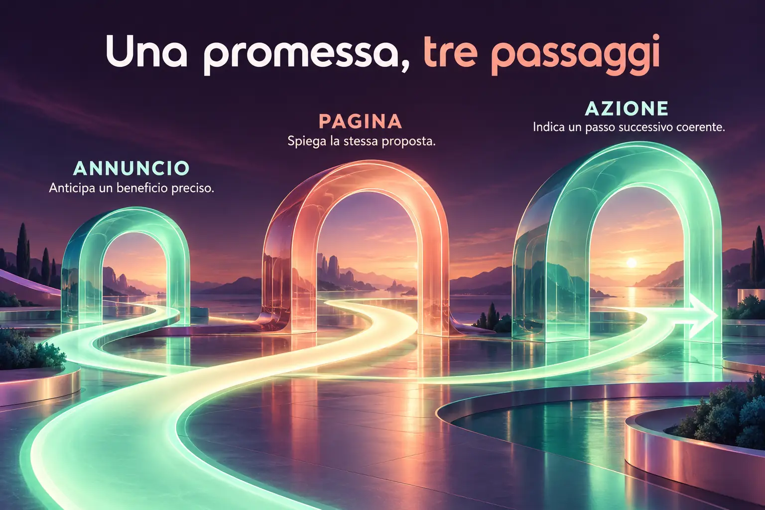 Tre portali illustrano il percorso: anticipare un beneficio nell’annuncio, spiegarlo nella pagina e proporre un’azione coerente