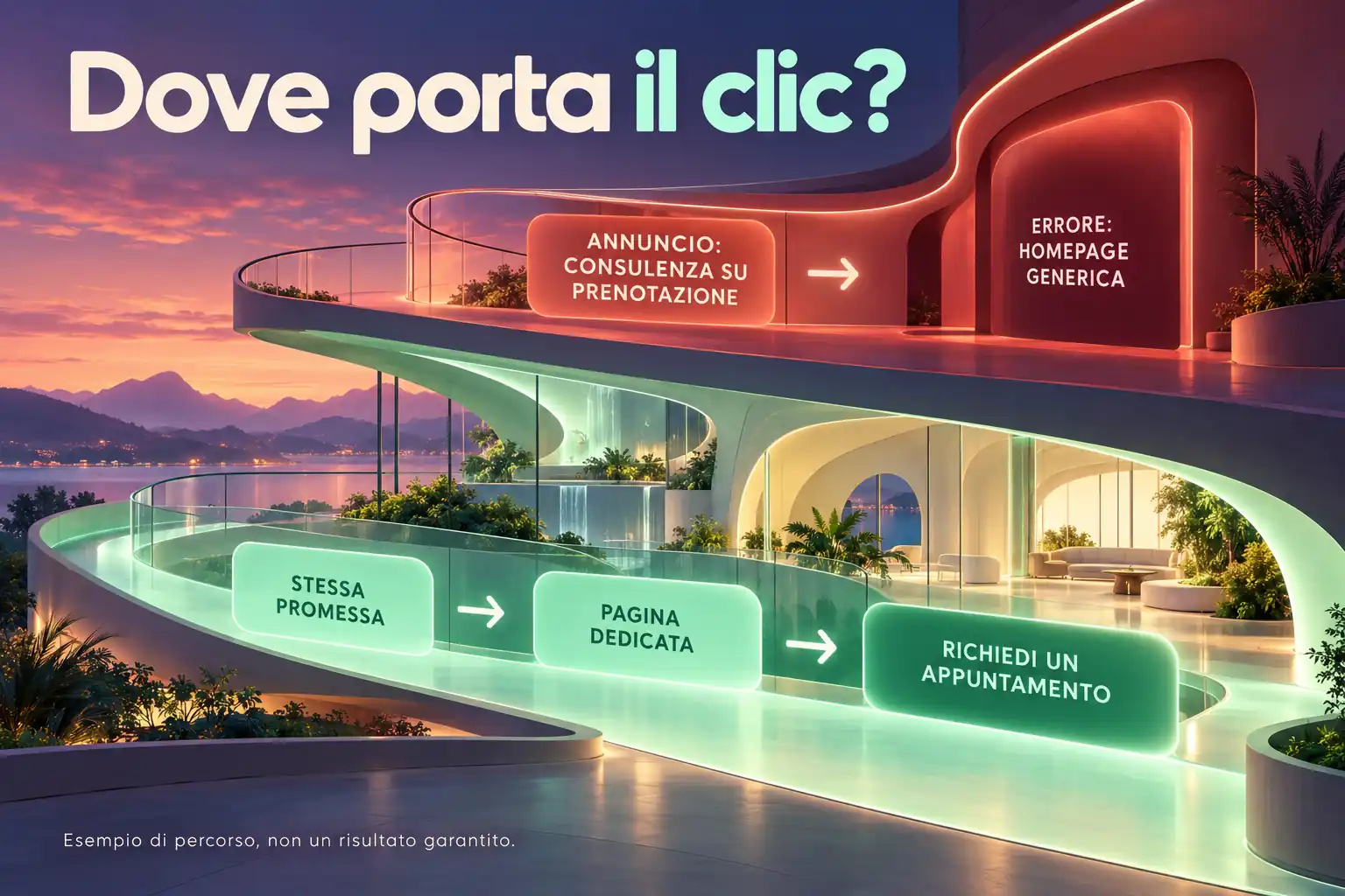 Due percorsi confrontano un annuncio diretto a una homepage generica con una pagina dedicata che propone di richiedere un appuntamento