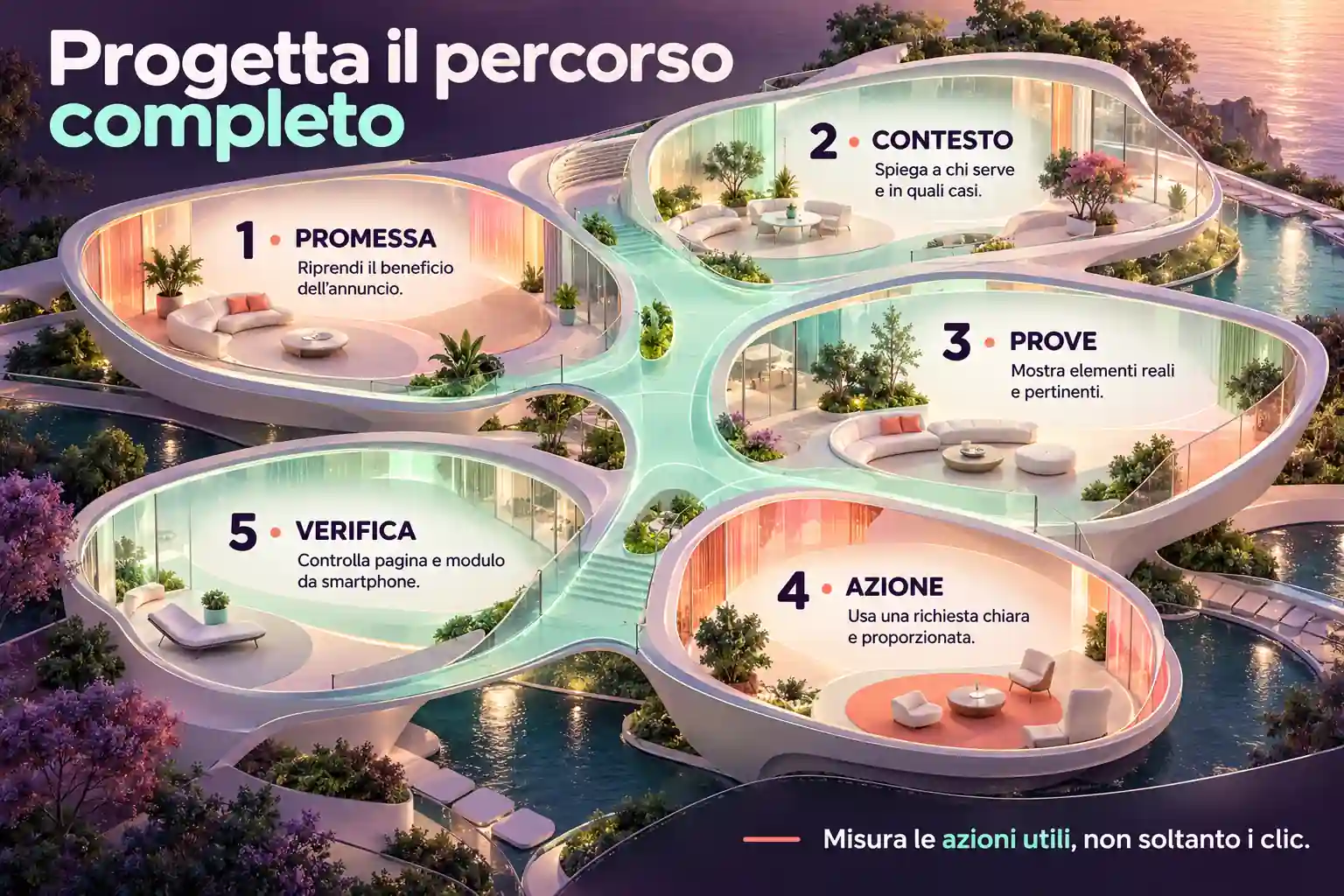 Ambienti futuristici illustrano promessa, contesto, prove, azione e verifica da smartphone, con attenzione alle azioni utili oltre ai clic