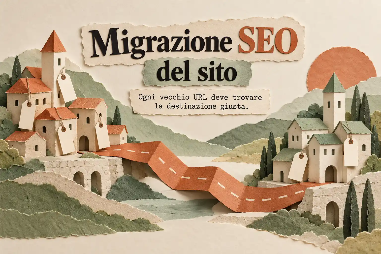 Due villaggi di carta collegati da una strada piegata rappresentano il passaggio dai vecchi URL alle destinazioni pertinenti