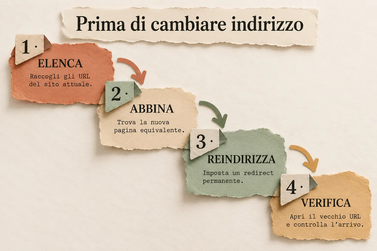 Infografica di carta: elencare gli URL attuali, abbinarli a pagine equivalenti, impostare redirect permanenti e verificare l’arrivo