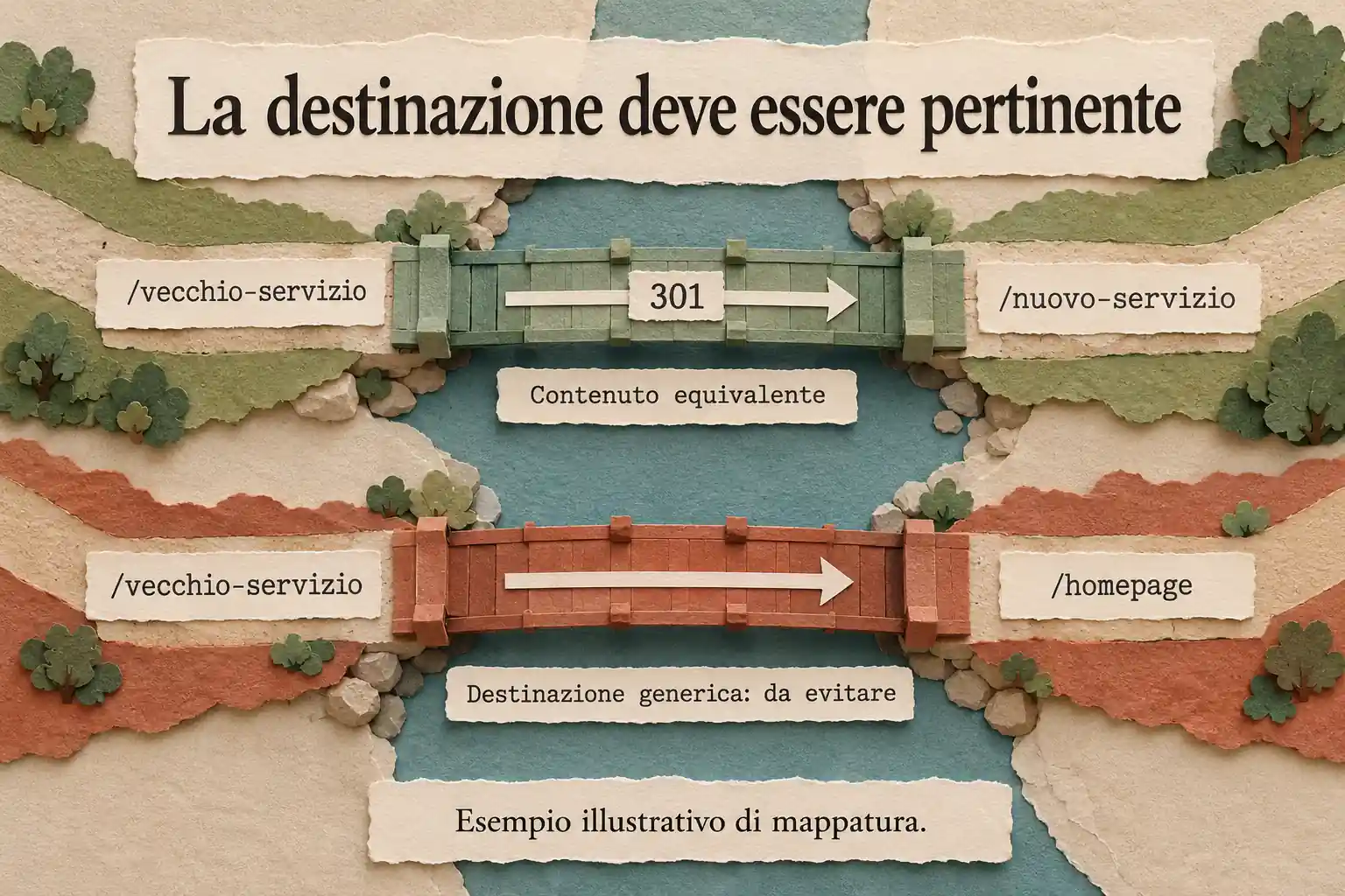 Due ponti di carta confrontano un redirect 301 verso un servizio equivalente con l’invio a una homepage generica, indicato come da evitare