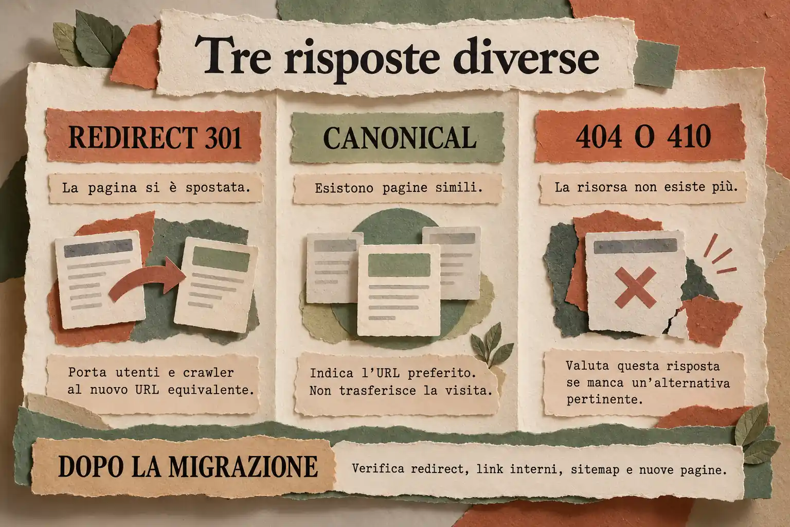 Tre colonne distinguono il redirect 301, il canonical e le risposte 404 o 410; seguono i controlli su link, sitemap e nuove pagine