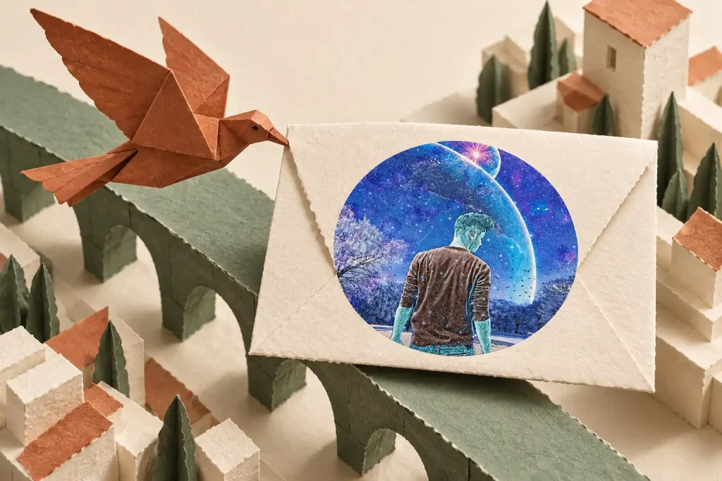 Un uccello origami accompagna una busta su un ponte tra edifici di carta; sulla busta è stampata un’illustrazione cosmica blu