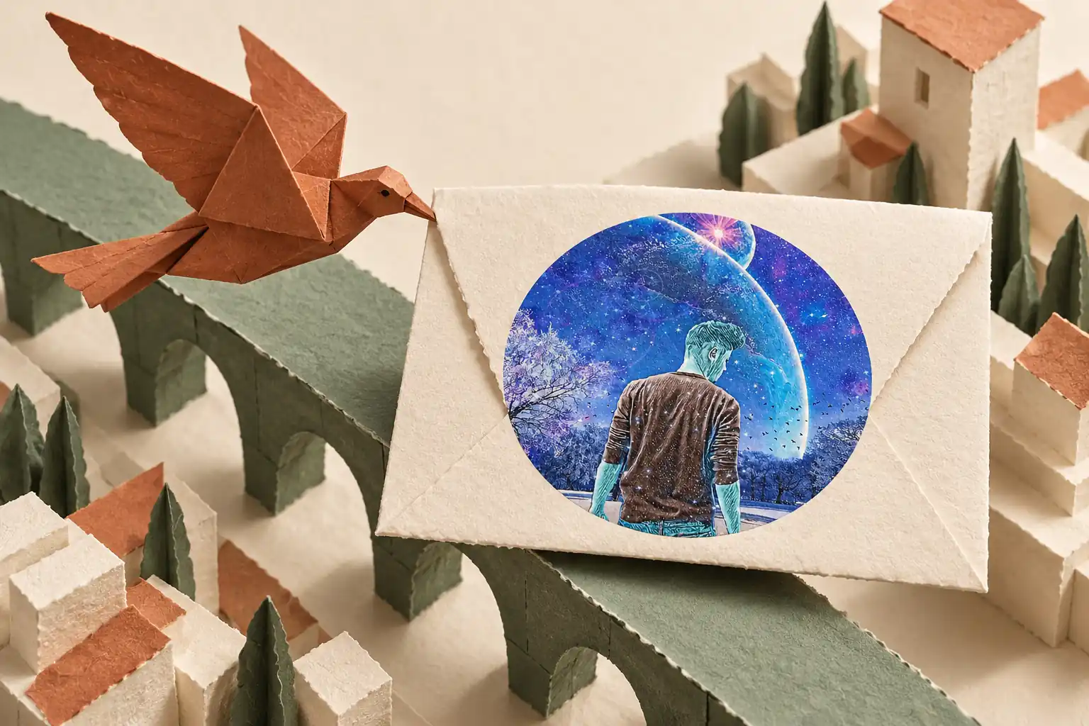 Un uccello origami accompagna una busta su un ponte tra edifici di carta; sulla busta è stampata un’illustrazione cosmica blu