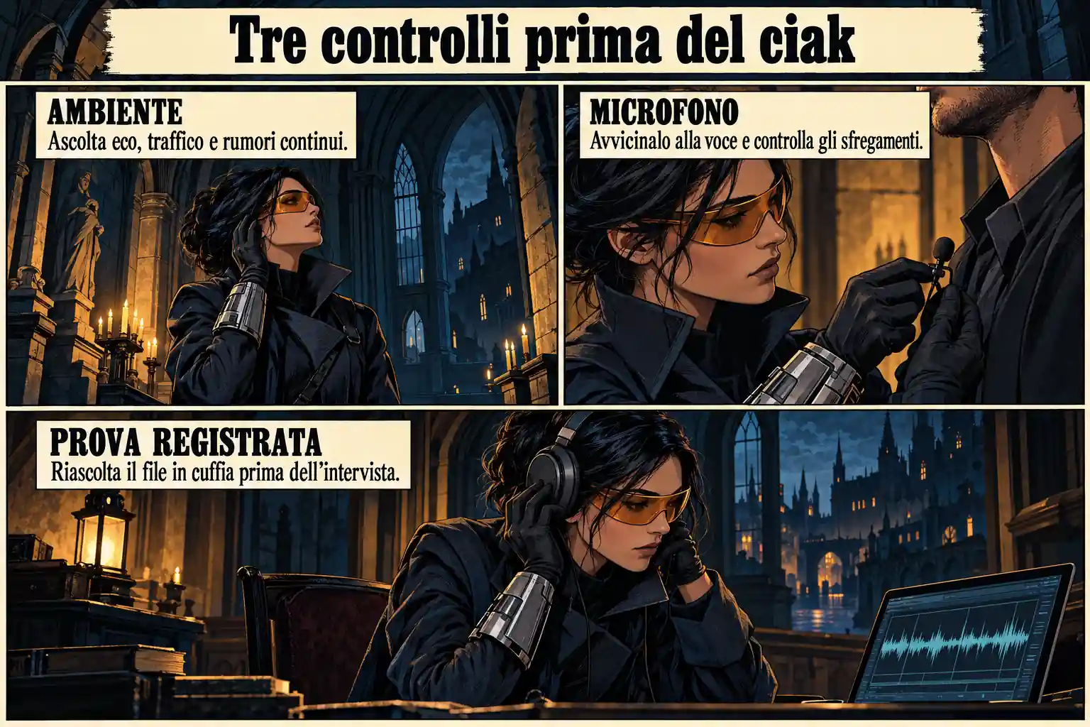 Tre vignette mostrano l’ascolto dei rumori, il posizionamento del microfono e il riascolto in cuffia del file prima dell’intervista