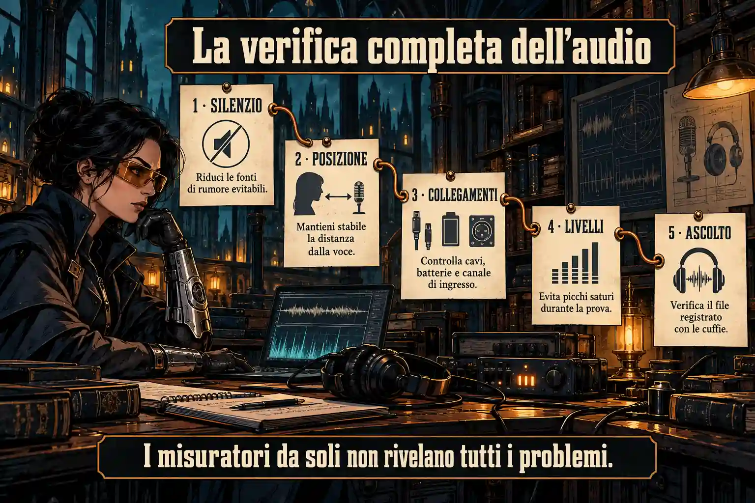 Infografica gotica su silenzio, distanza dalla voce, collegamenti, livelli e ascolto del file: i misuratori da soli non bastano