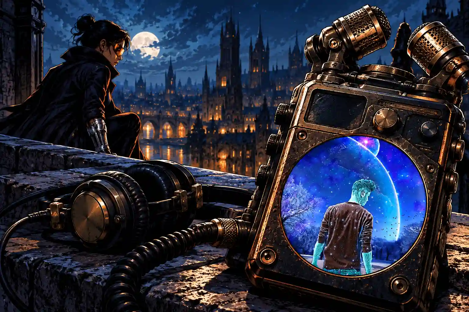 Registratore portatile e cuffie su un parapetto davanti a una città gotica; un’illustrazione cosmica blu decora il corpo del registratore
