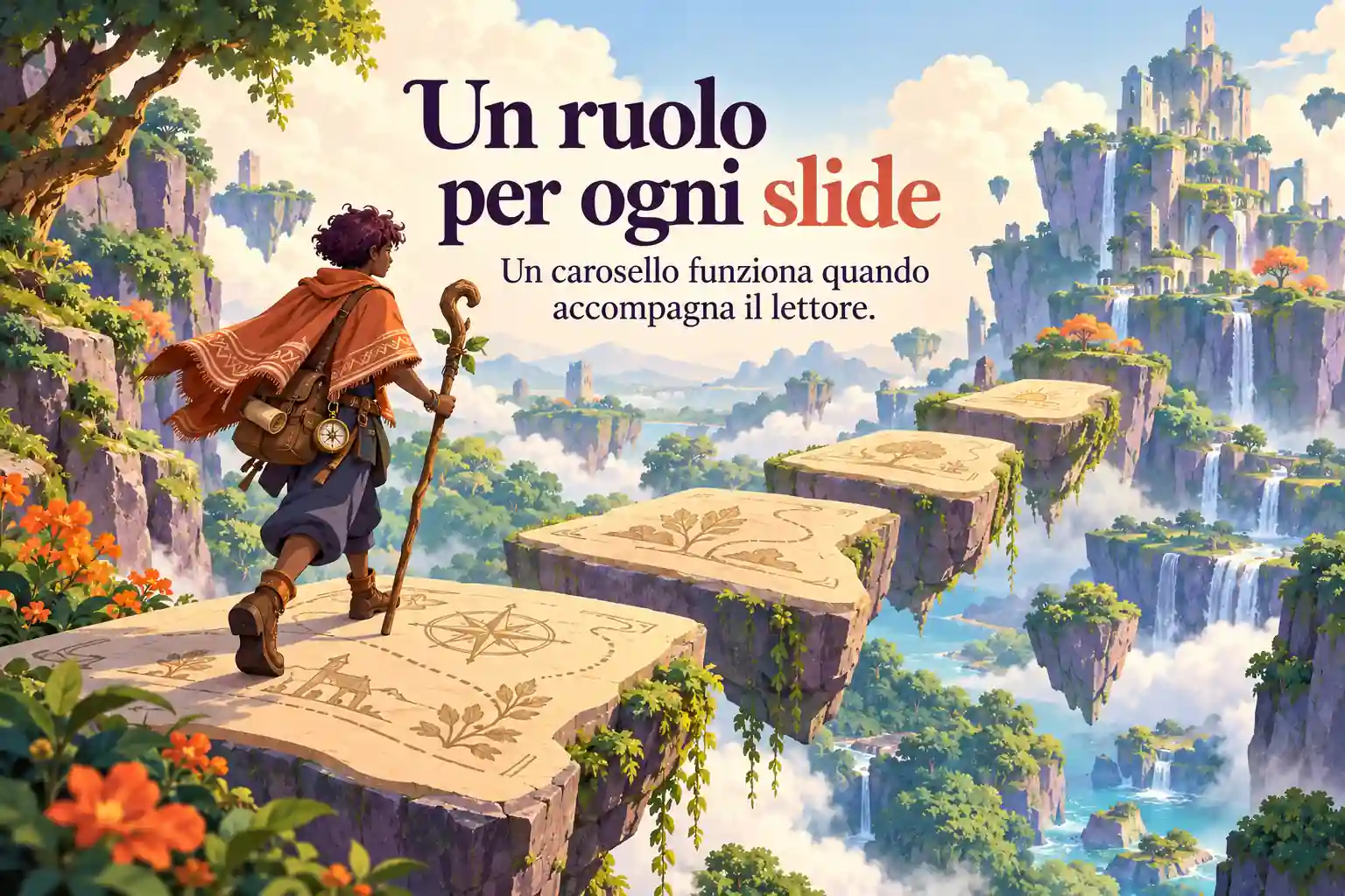 Un personaggio con un poncho attraversa piattaforme sospese a forma di pagine in un mondo fantasy: ogni slide accompagna il lettore nel percorso
