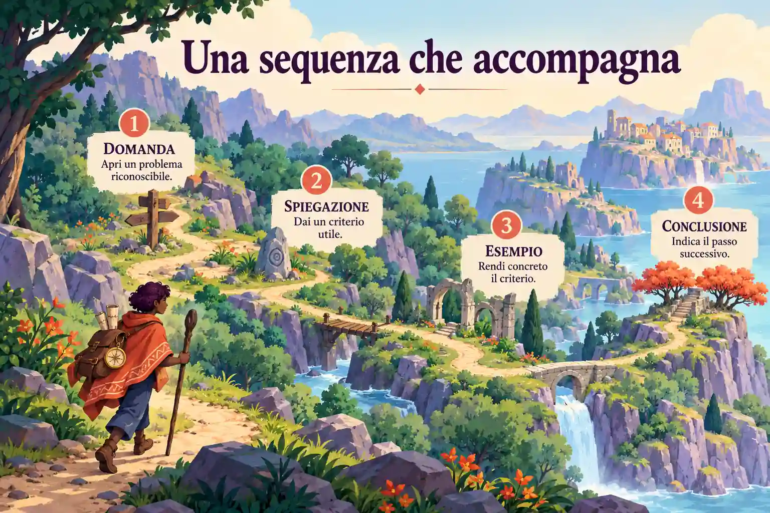 Una mappa fantasy collega quattro funzioni narrative: aprire una domanda, spiegare un criterio, mostrarne un esempio e concludere