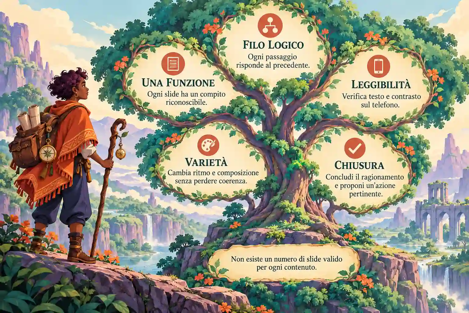 Un albero fantasy raccoglie cinque verifiche: filo logico, funzione di ogni slide, leggibilità sul telefono, varietà e chiusura pertinente