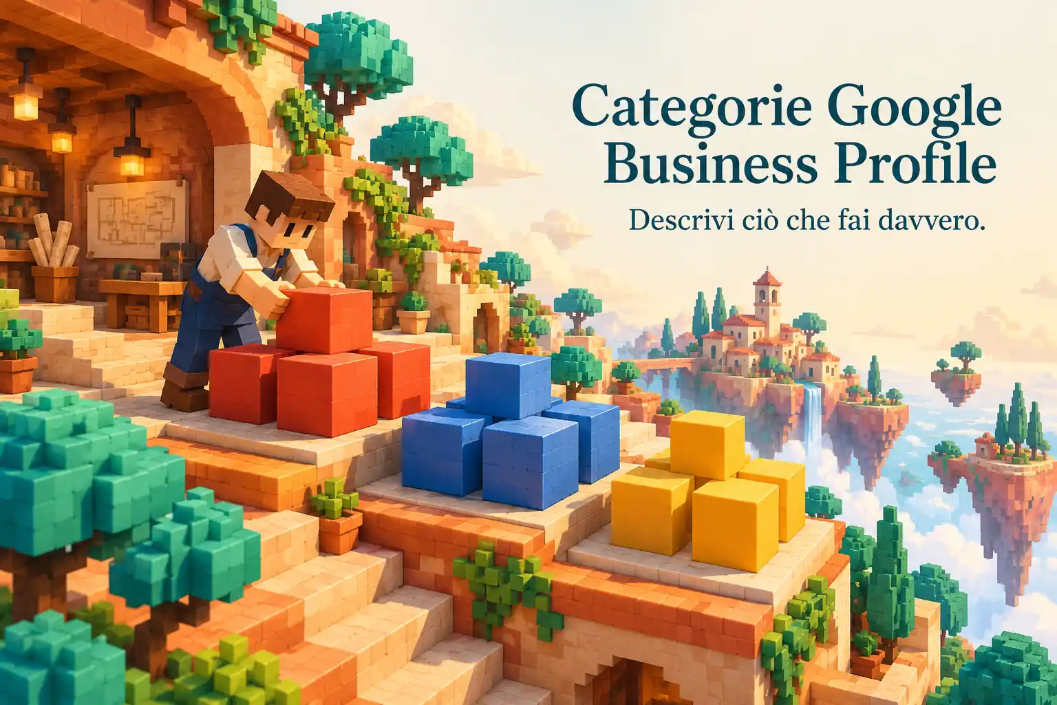 Artigiano in un mondo a blocchi ordina gruppi di cubi, con le scritte Categorie Google Business Profile e Descrivi ciò che fai davvero.