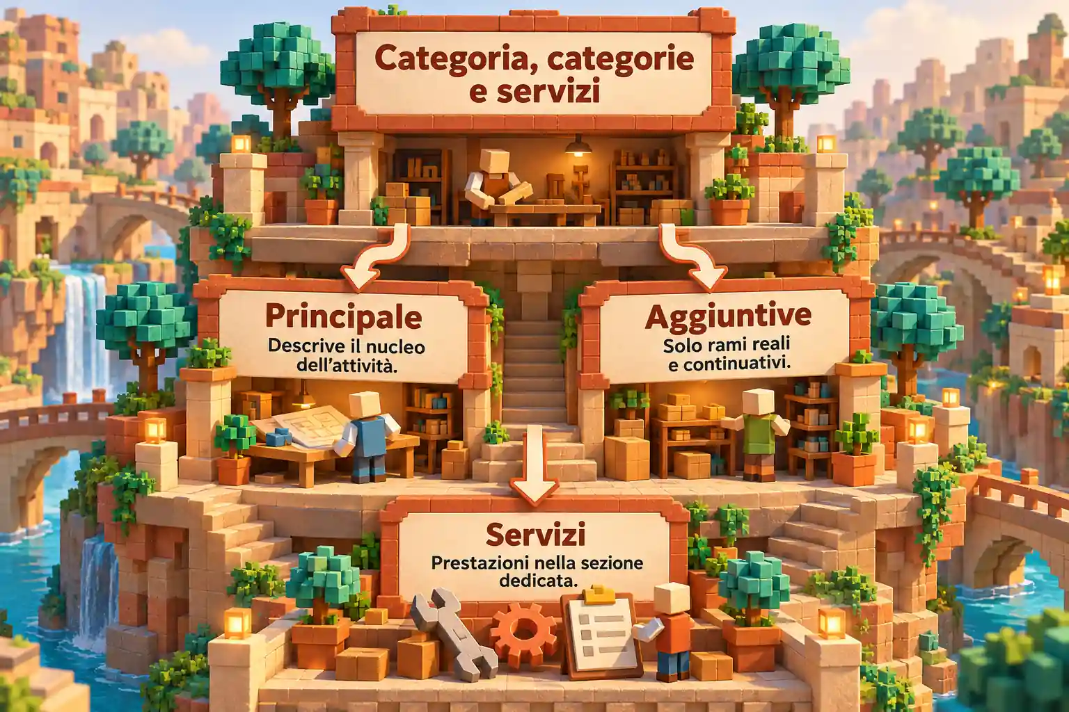 Schema a tre livelli: la categoria principale descrive il nucleo dell’attività, le aggiuntive indicano rami reali e i servizi elencano le prestazioni.