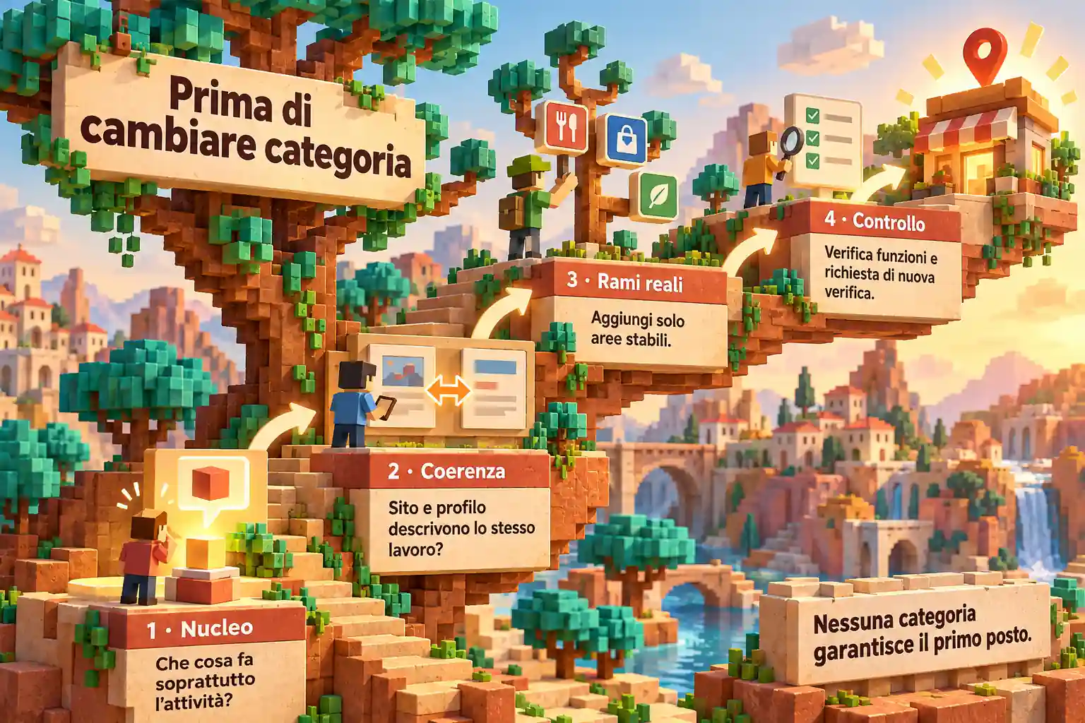 Percorso in quattro passaggi: nucleo dell’attività, coerenza tra sito e profilo, rami reali e verifica delle funzioni. Nessuna categoria garantisce il primo posto.