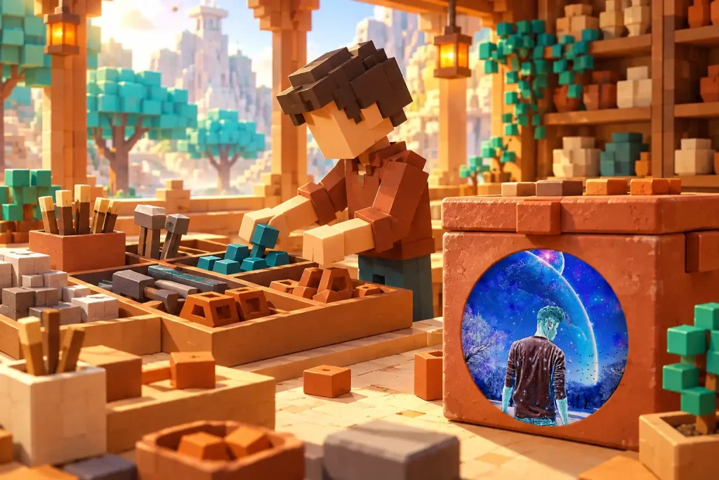 Artigiano a blocchi divide utensili in scomparti; un emblema cosmico è stampato sul contenitore di terracotta in primo piano.