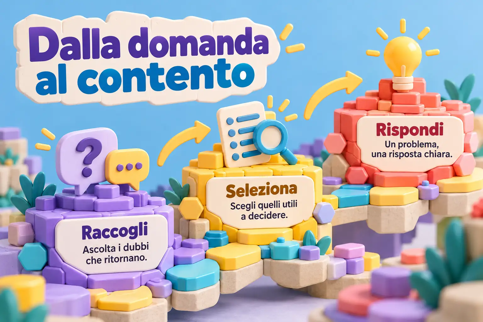 Tre costruzioni modulari spiegano come ascoltare dubbi ricorrenti, scegliere quelli utili a decidere e dare una risposta chiara.