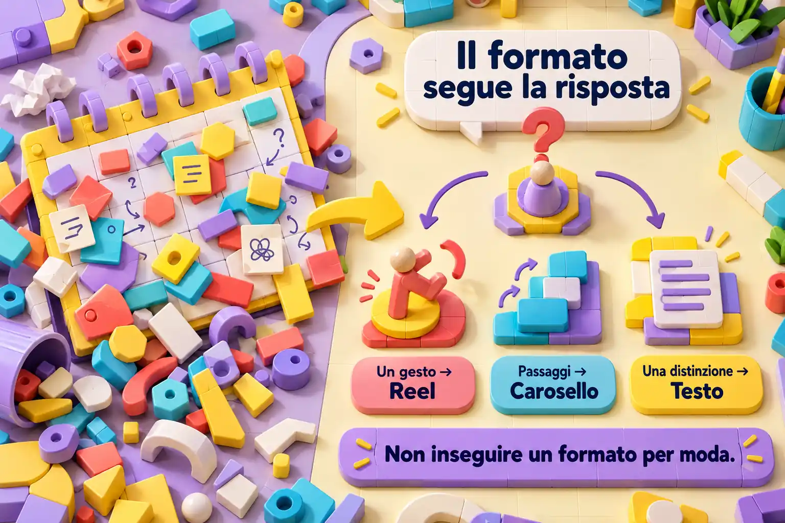Il formato segue la risposta: un gesto diventa Reel, i passaggi carosello e una distinzione testo; a sinistra un calendario confuso.