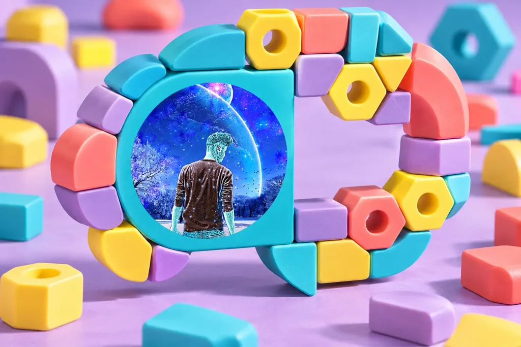 Una scultura colorata a forma di fumetto è costruita con pezzi modulari; il lato turchese reca un emblema cosmico stampato.