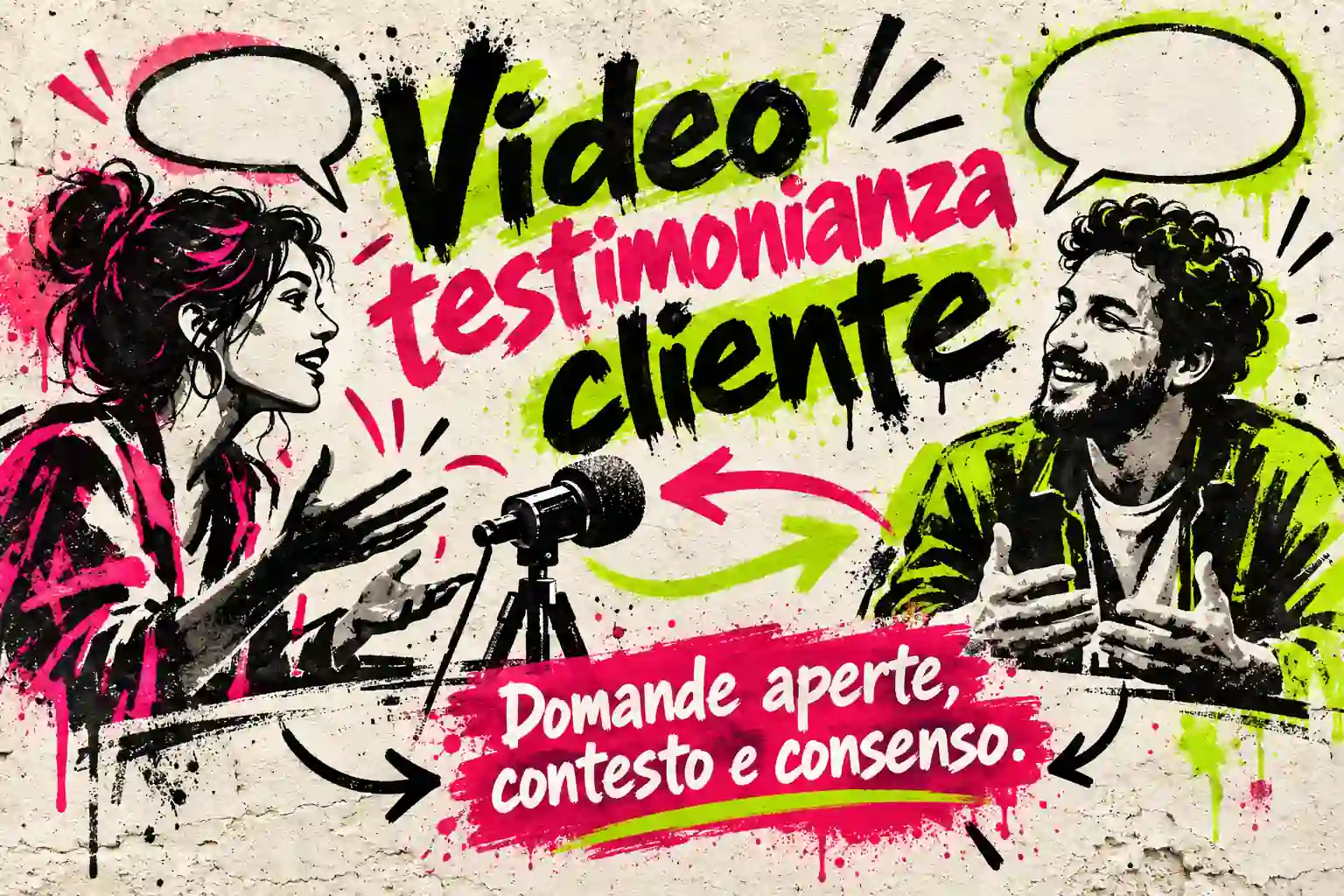Murale illustrato di un’intervista con microfono. Video testimonianza cliente: domande aperte, contesto e consenso.