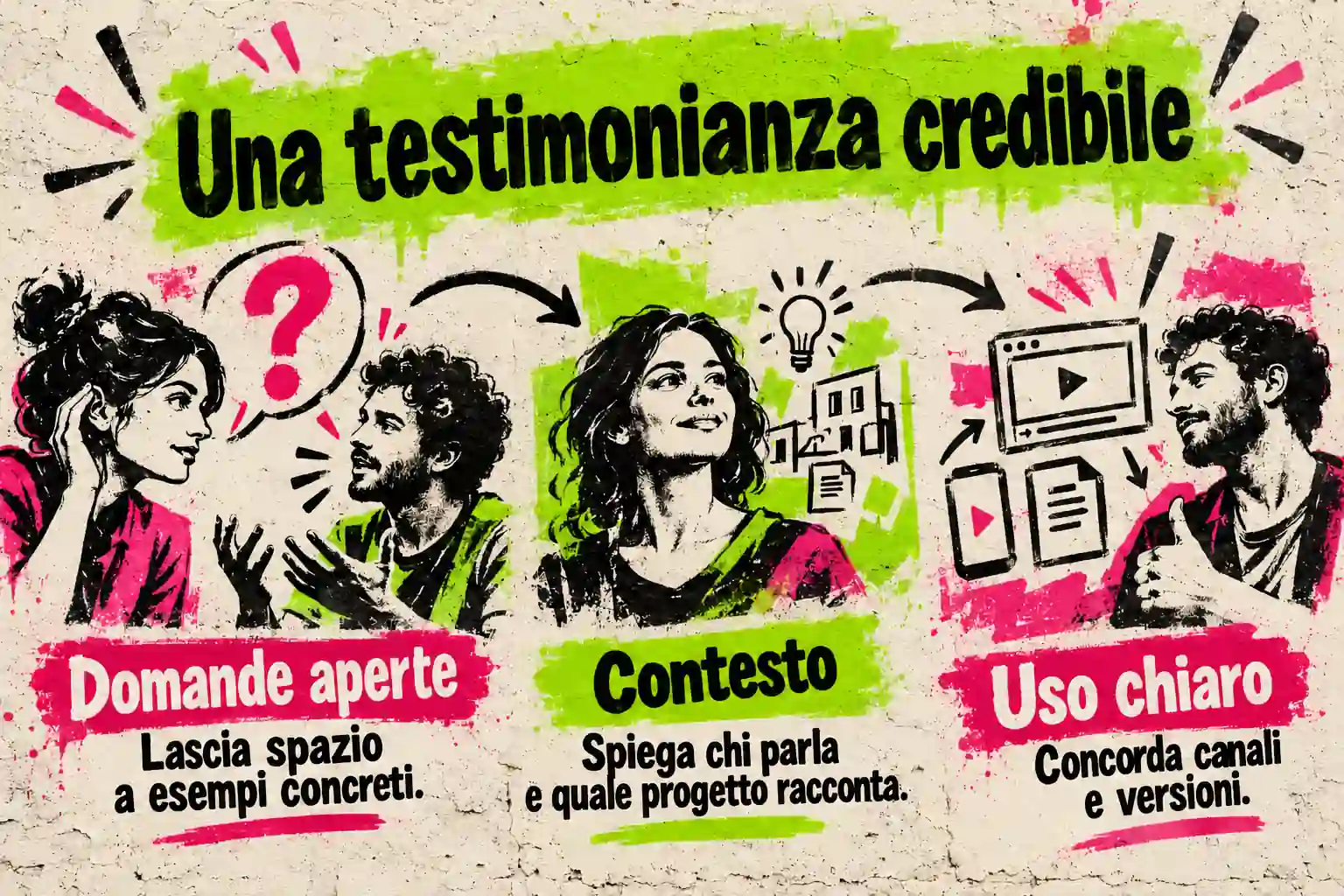 Tre scene spiegano domande aperte con esempi concreti, contesto della persona e del progetto, e accordo su canali e versioni.